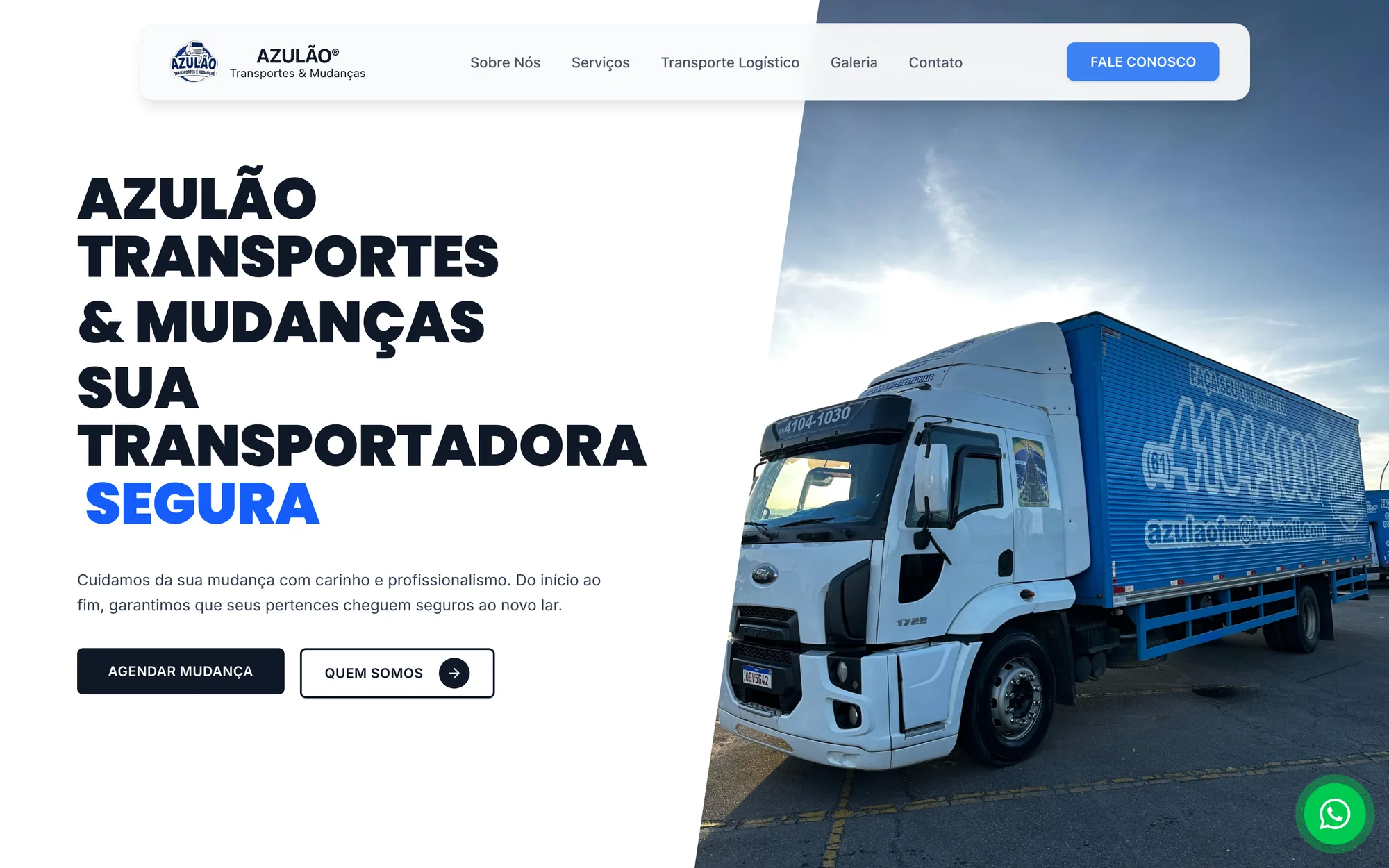Página inicial do site Azulão Mudanças, criado pelo Nosso Studio